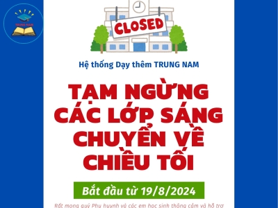 TẠM DỪNG LỚP SÁNG (từ thứ 2 đến thứ 6)